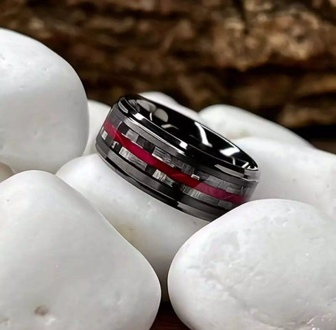 Men's 8mm Tungsten Gunmetal Red Strip Comfort-Fit Engagement Wedding Band